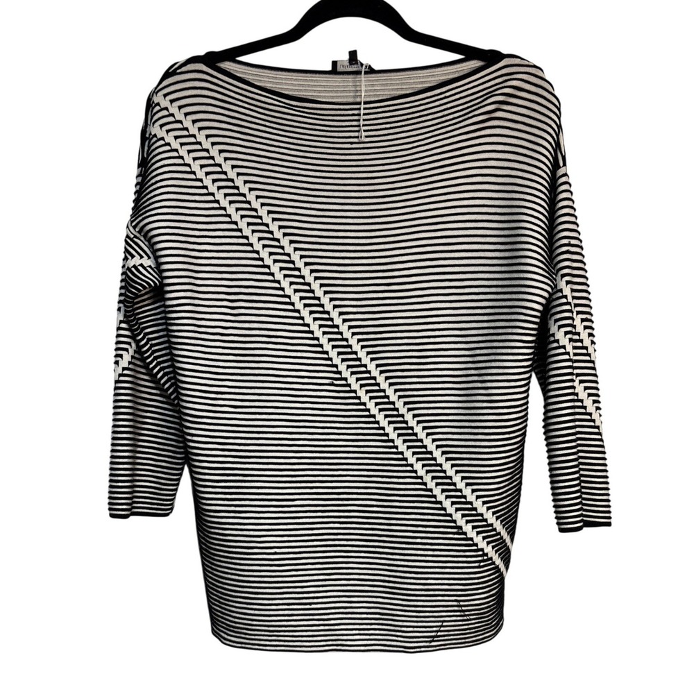 Lafayette 148 New York Striped Boat Neck Knit Top Black Ivory Medium 3/4 Sleeve